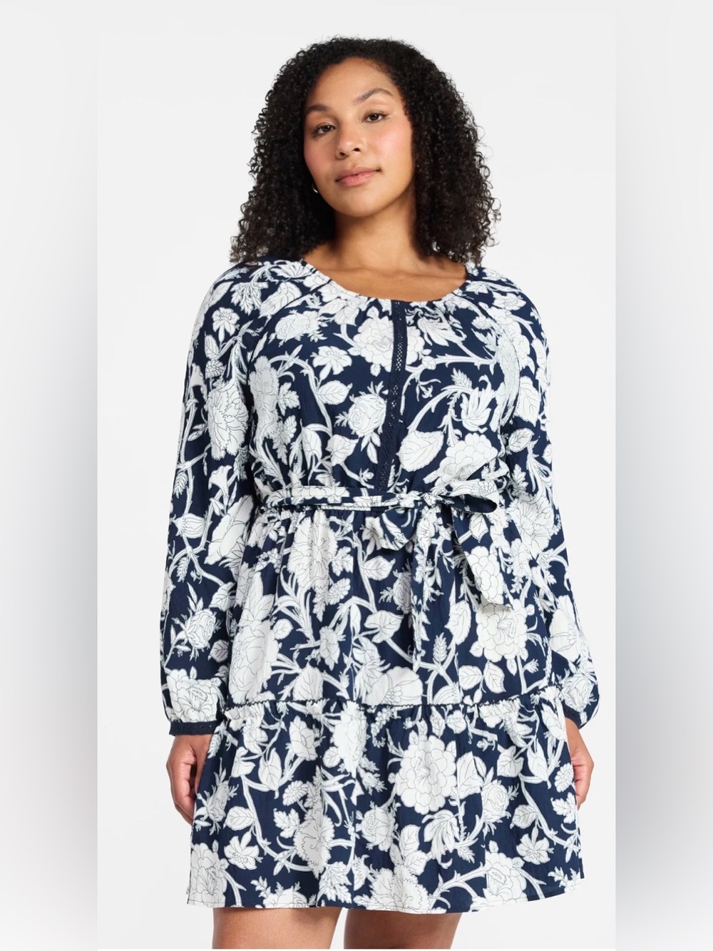 Time and Tru Peasant Mini Dress 2XL XXL Floral Navy Blue Lace Long Sleeve Boho - Picture 3 of 7